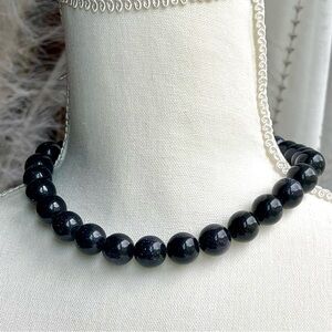 Handmade | Starry Night Midnight Blue Goldstone Beaded Choker 15" Long Necklace
